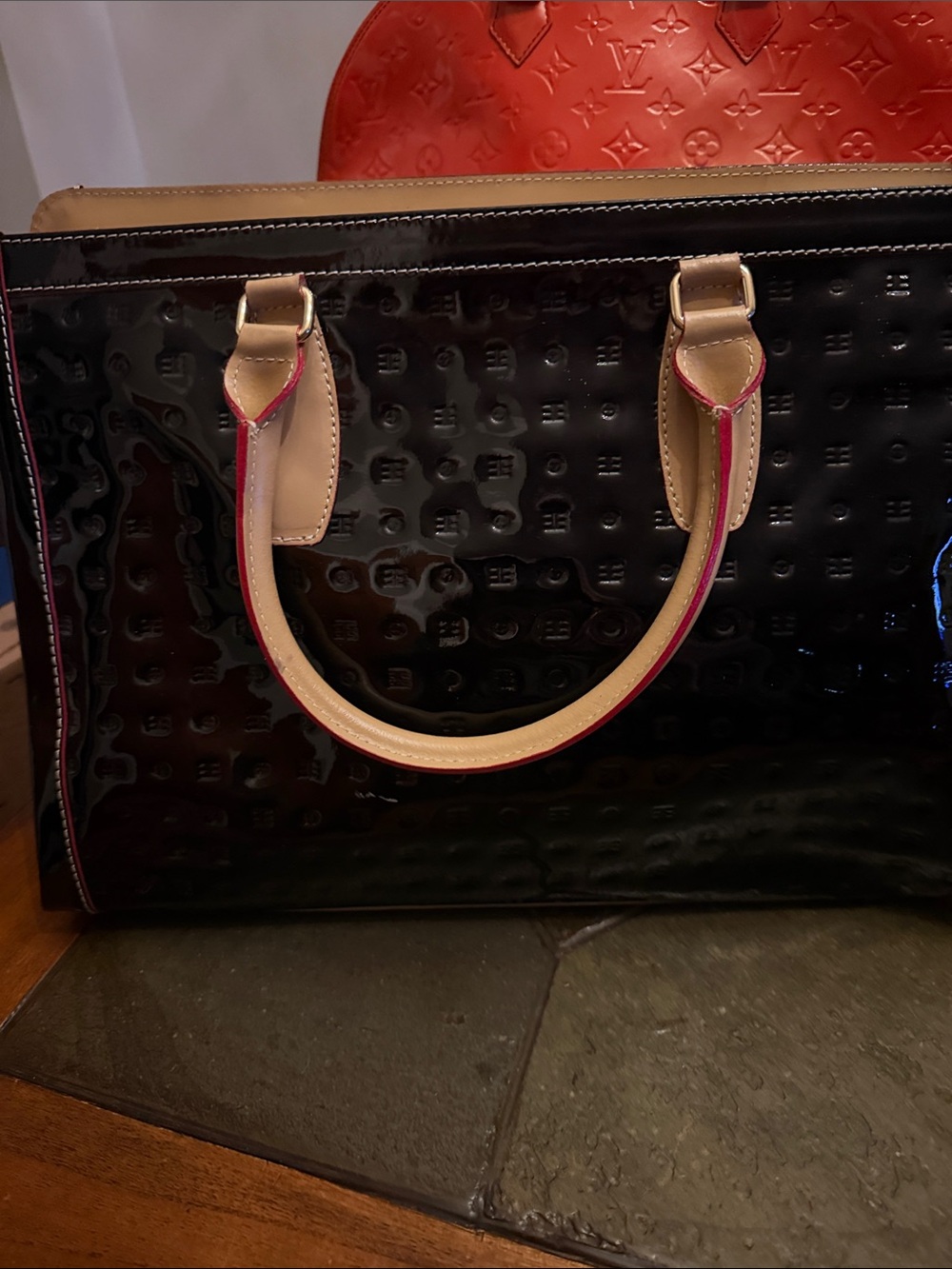 Arcadia  Black Patent Tote with Beige Handles